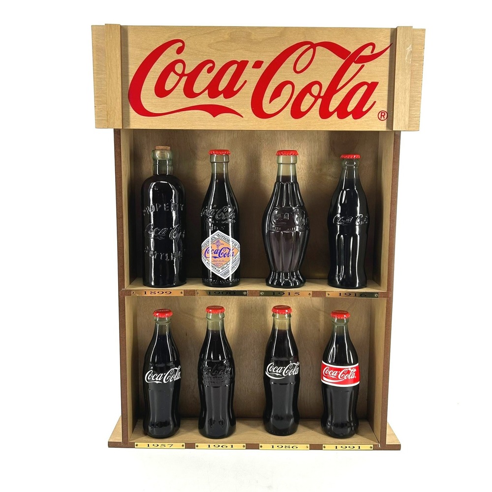 Coca-Cola Hamilton Evolution of the Bottle Wooden Display 8 Commemorative Bottle